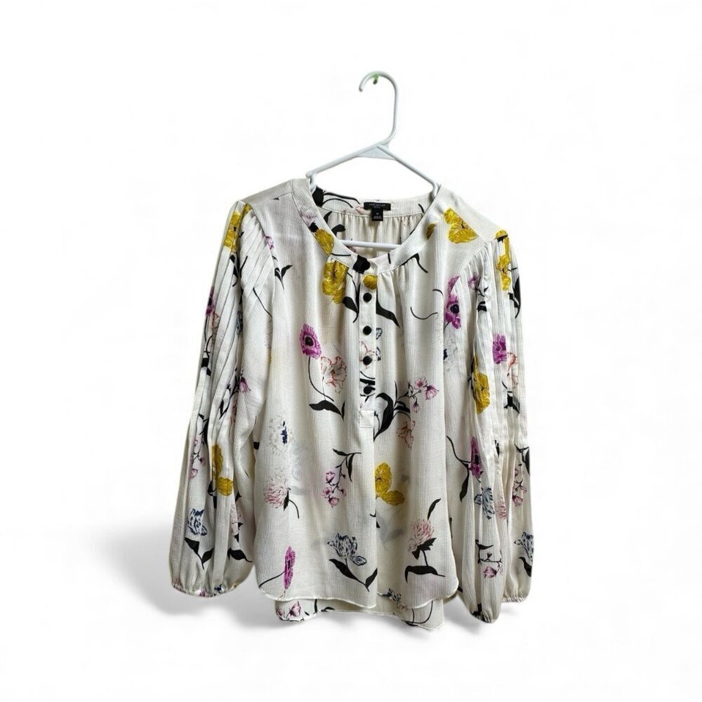 Ann Taylor Petite Floral Textured Blouse MP Long Sleeve White
